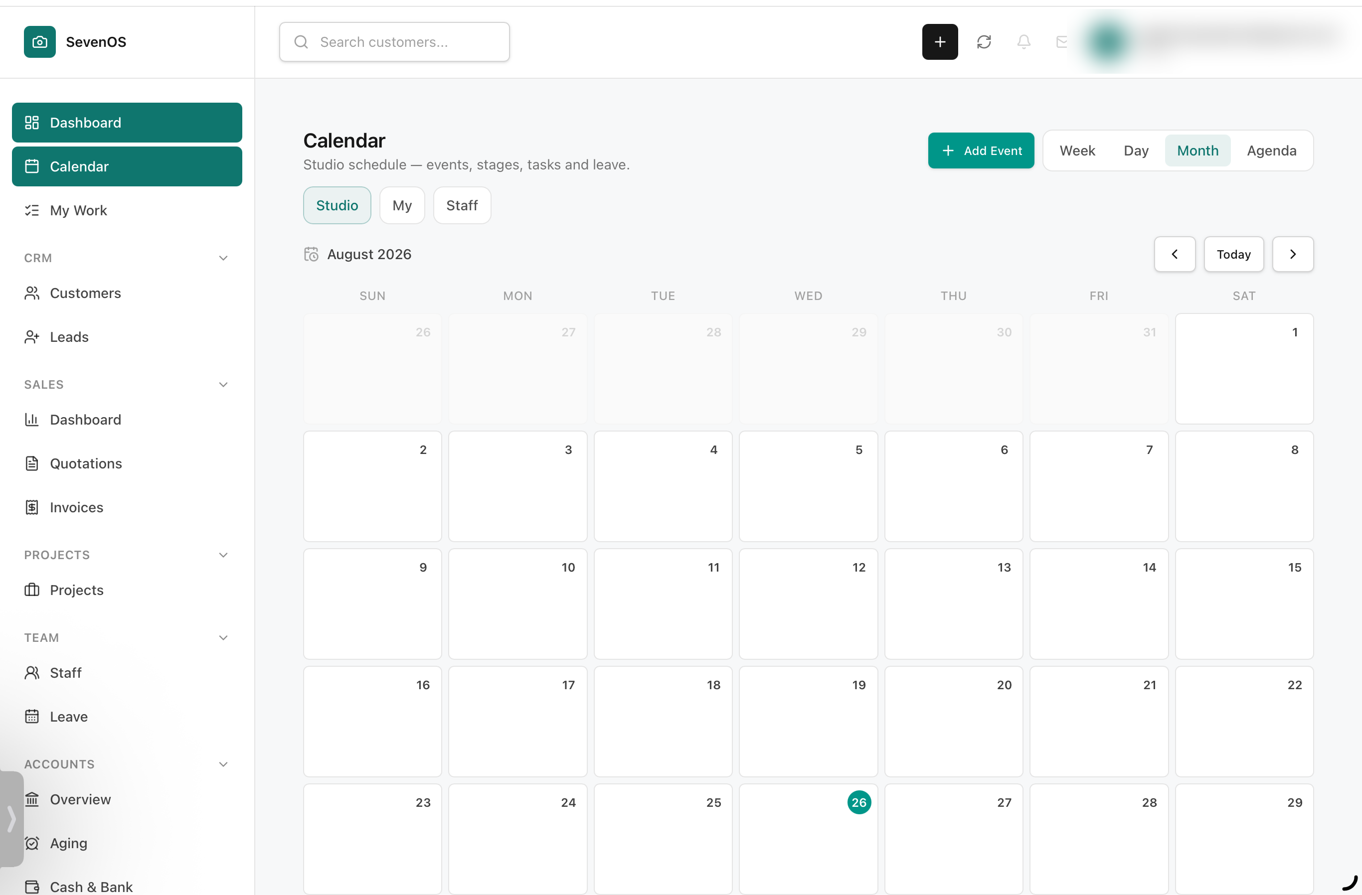 MG OS Calendar module showing a monthly studio schedule with Studio, My, and Staff views