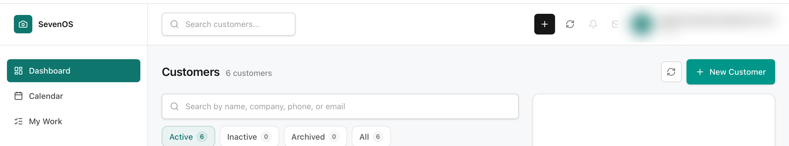 MG OS Customers module toolbar showing the customer count, search bar, and status filters