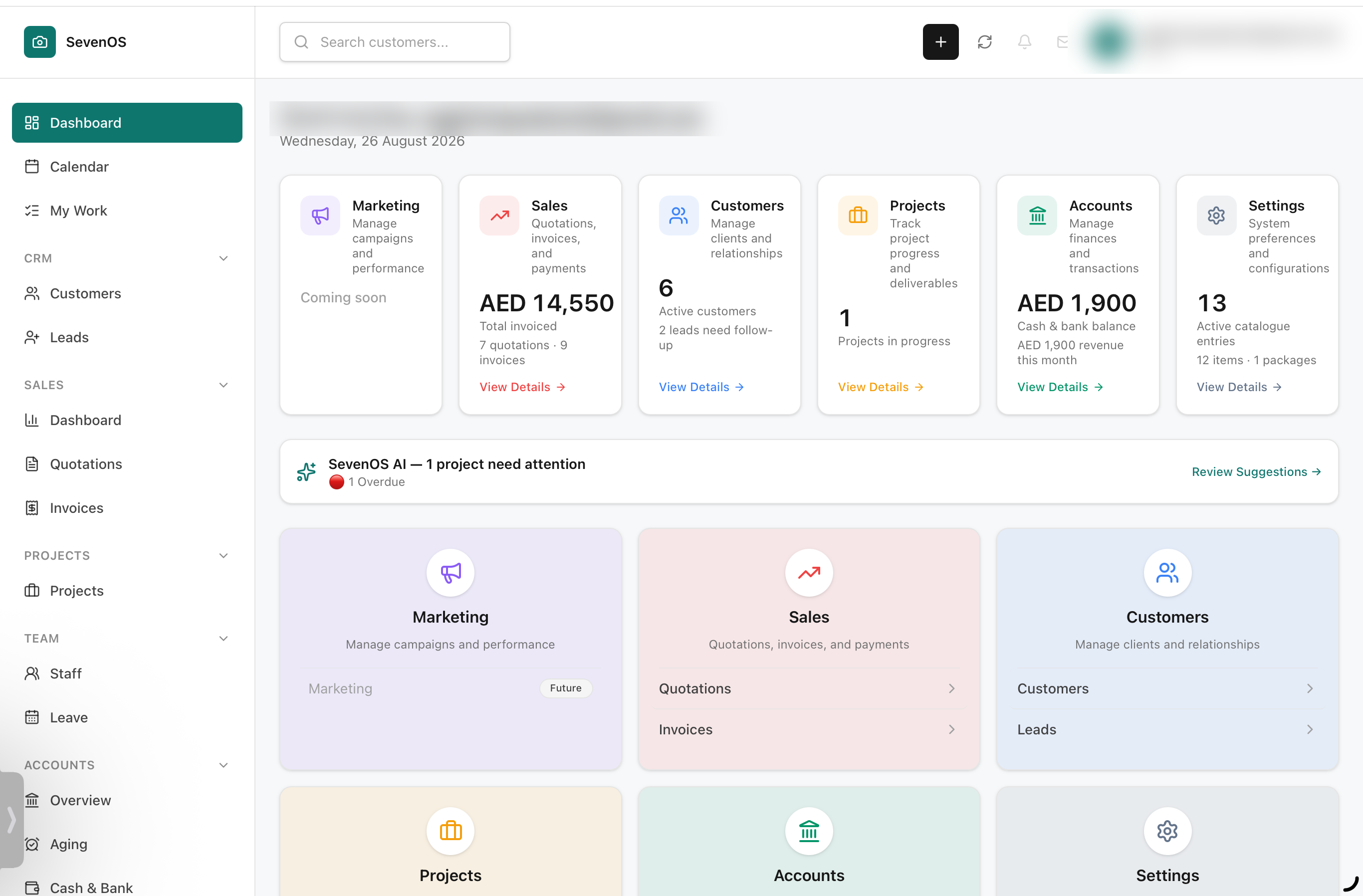 MG OS studio dashboard showing marketing, sales, customers, projects, accounts, and settings modules at a glance