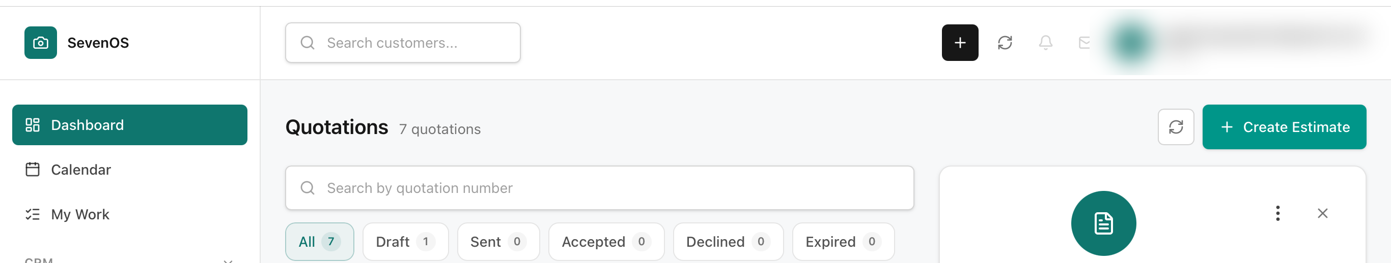 MG OS Quotations module toolbar showing the quotation count, search bar, and status filters